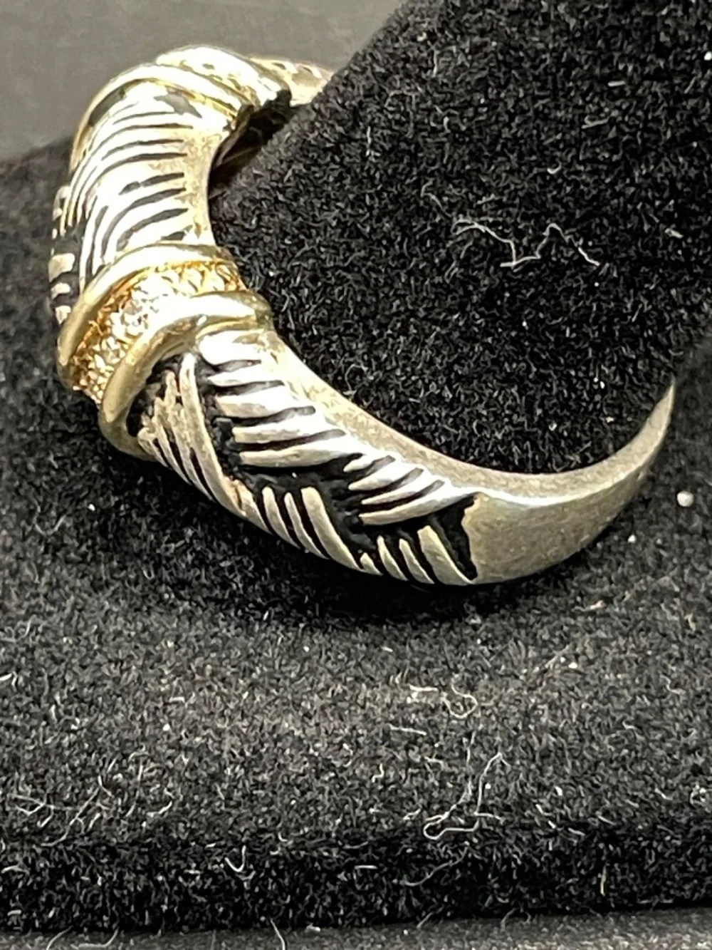 925 Sterling 14 K Gold Diamond Accented Textured Designer Ring Size 9